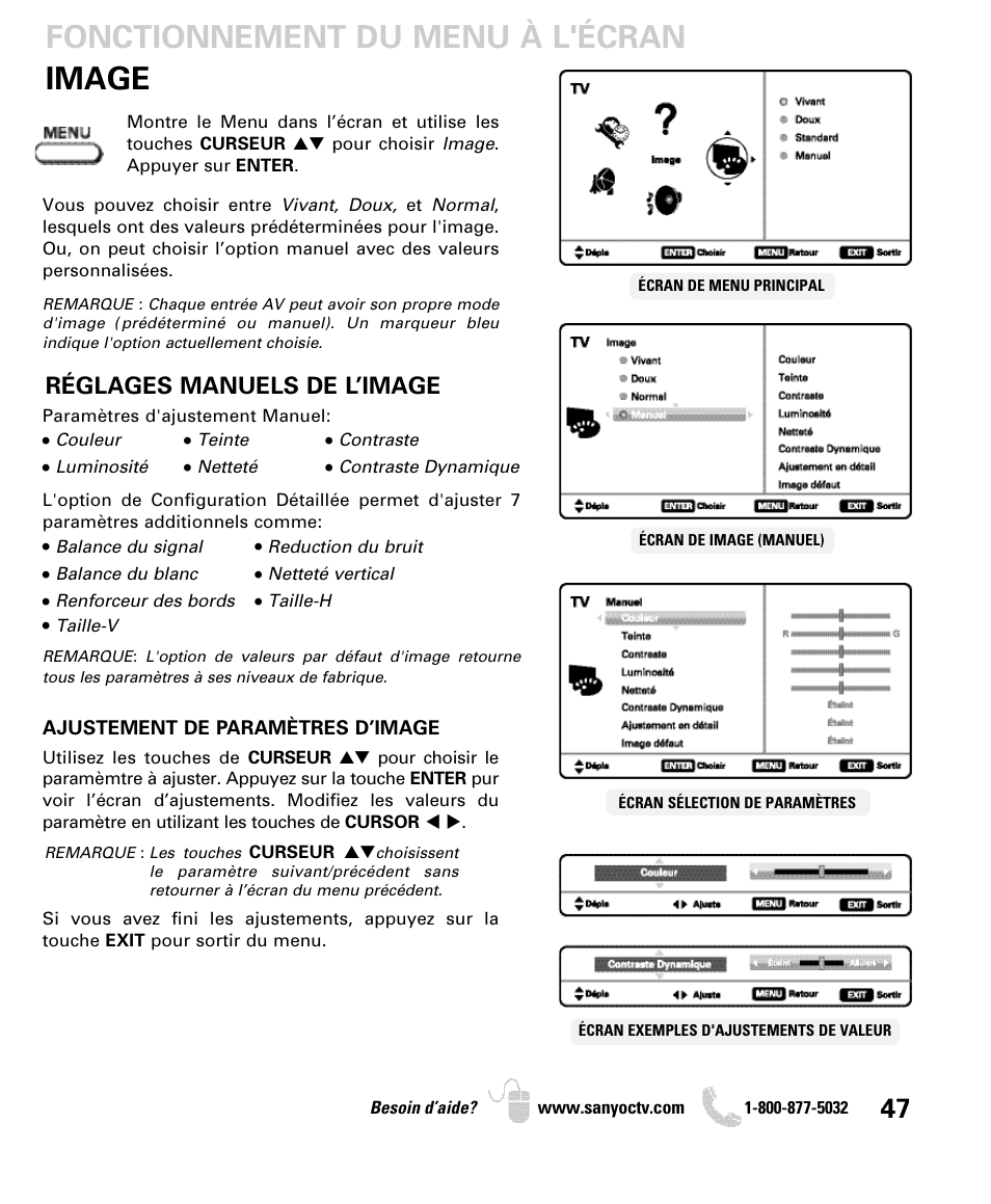 Image fonctionnement du menu à l'écran, Réglages manuels de l’image | Sanyo DP42840 User Manual | Page 47 / 52