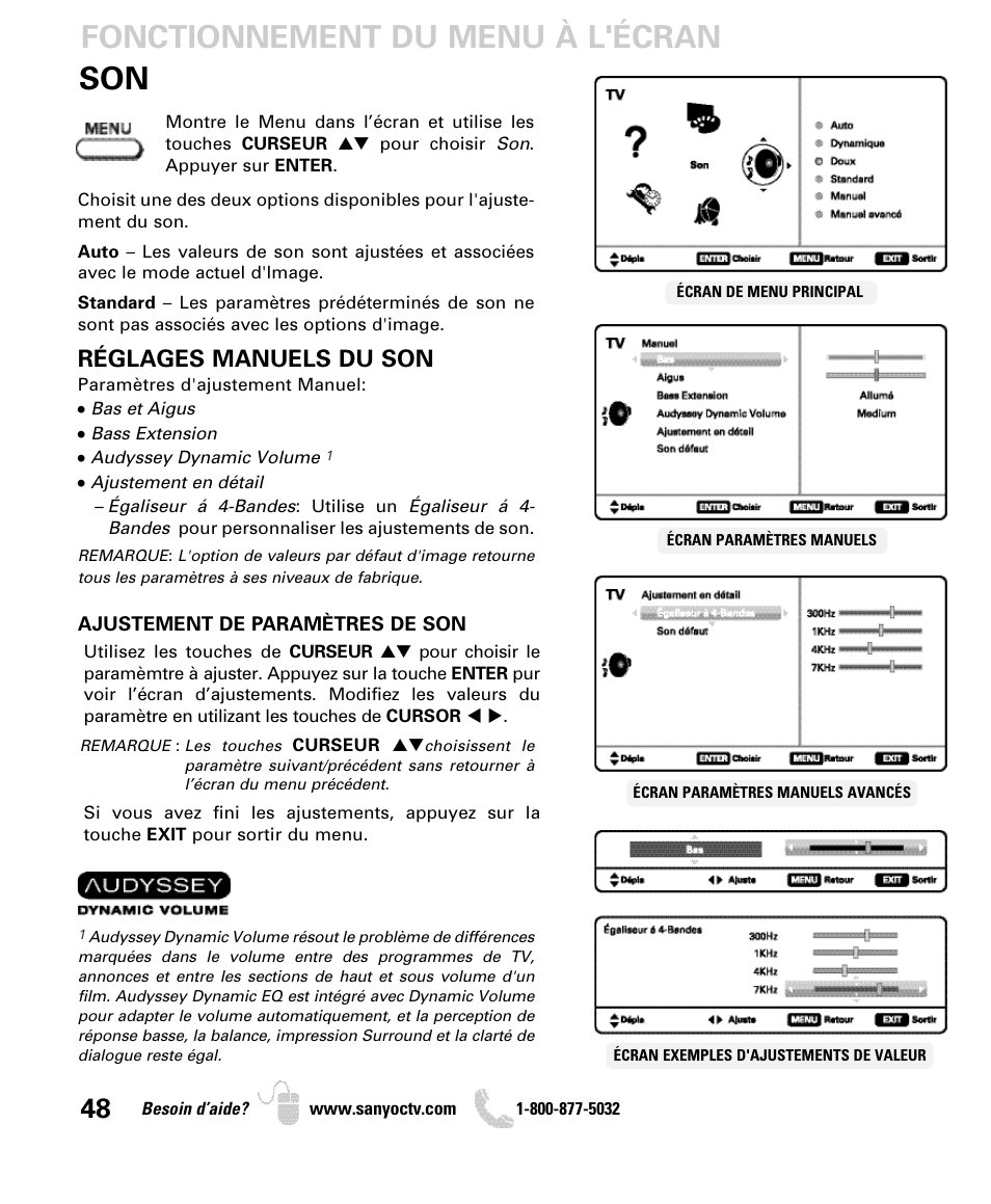 Fonctionnement du menu à l'écran, Réglages manuels du son | Sanyo DP42840 User Manual | Page 48 / 52