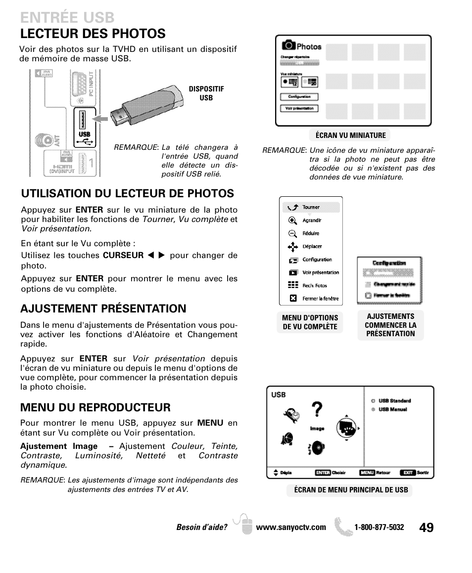 Entrée usb, Lecteur des photos, Utilisation du lecteur de photos | Ajustement présentation, Menu du reproducteur | Sanyo DP42840 User Manual | Page 49 / 52