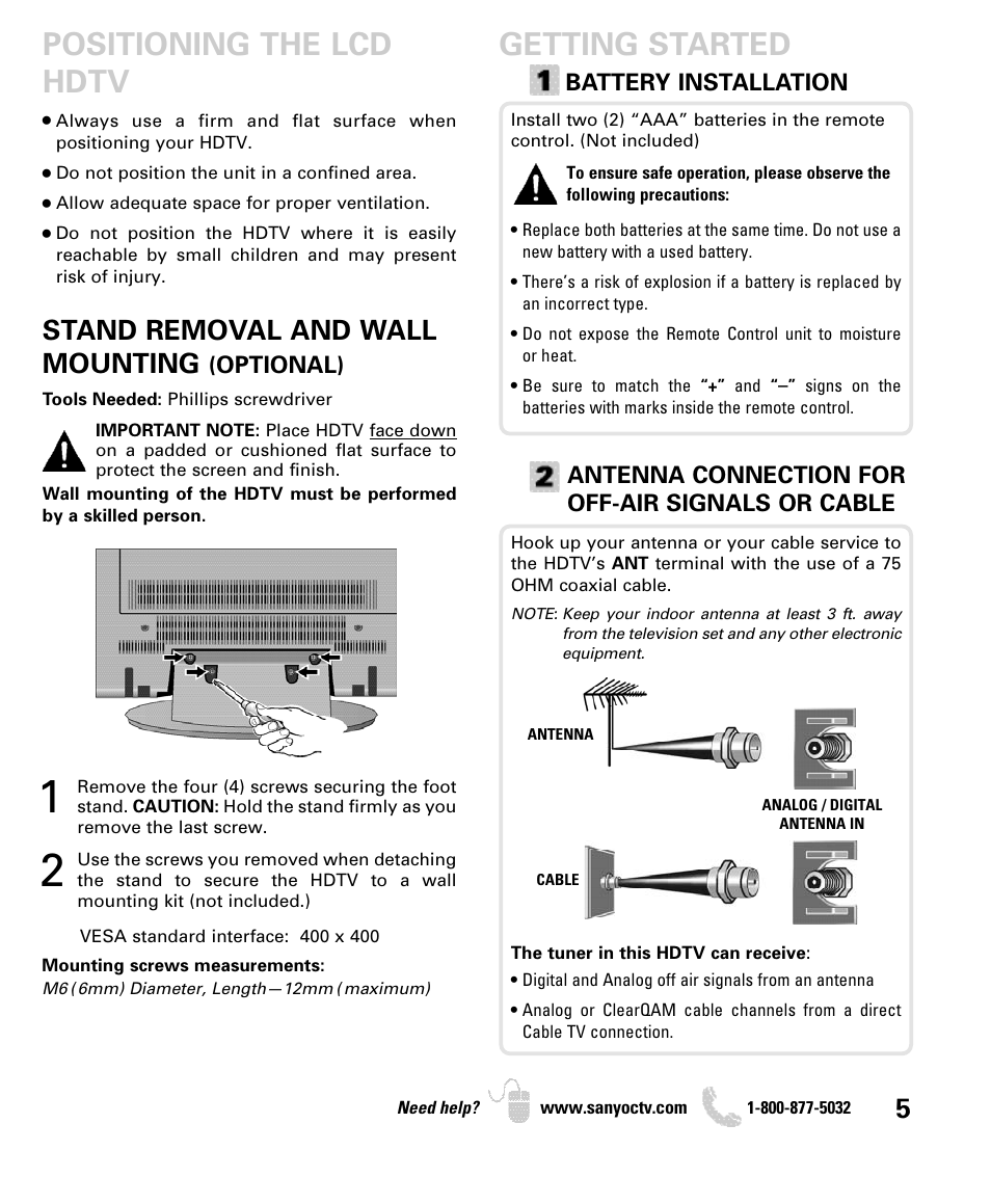 Getting started, Positioning the lcd hdtv, Stand removal and wall mounting | Sanyo DP42840 User Manual | Page 5 / 52