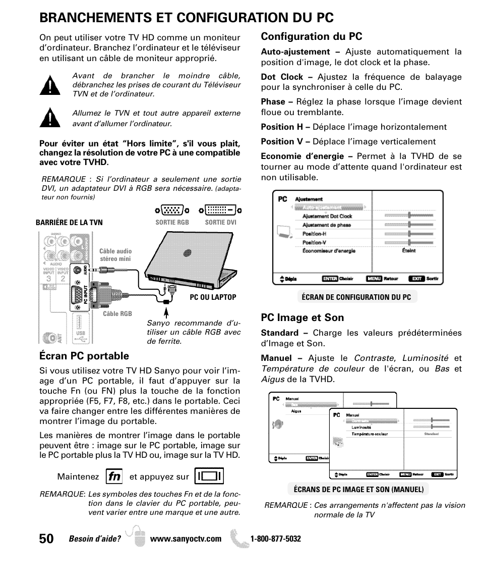 Branchements et configuration du pc, Configuration du pc, Pc image et son | Écran pc portable | Sanyo DP42840 User Manual | Page 50 / 52