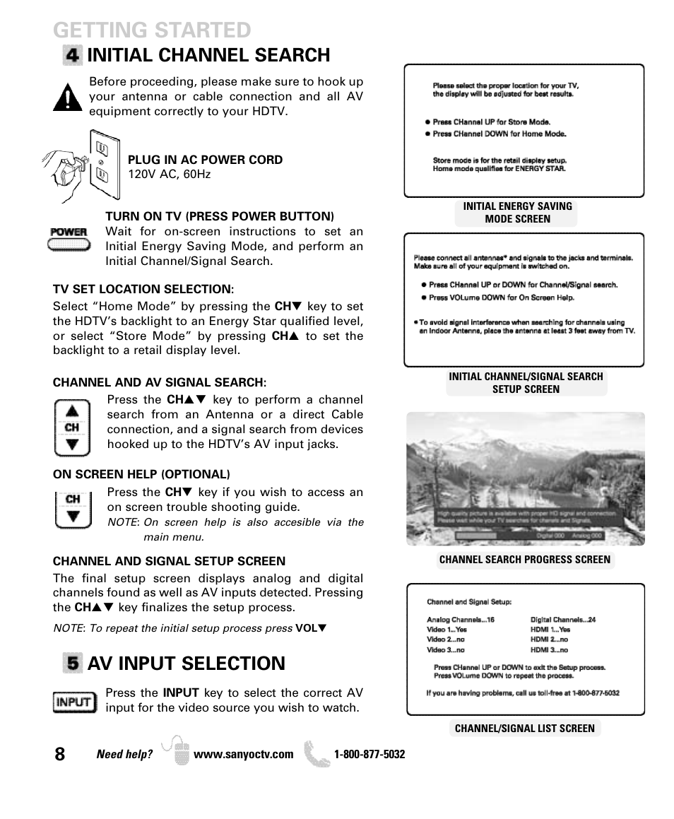 Getting started, Initial channel search, Av input selection | Sanyo DP42840 User Manual | Page 8 / 52