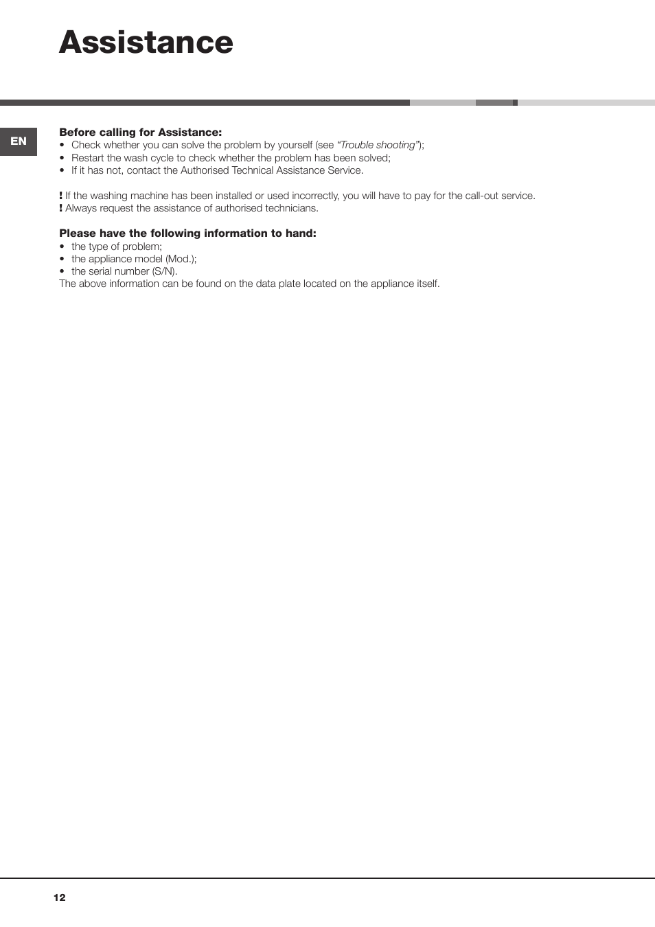 Assistance | Hotpoint Ariston AQ9D 492 X User Manual | Page 12 / 60