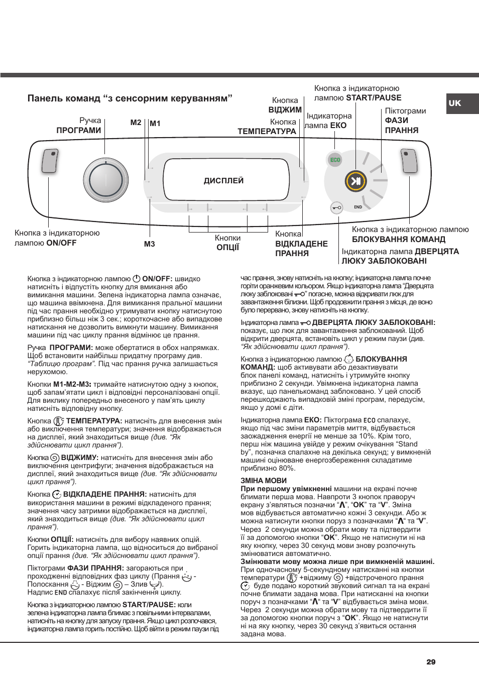 Панель команд “з сенсорним керуванням | Hotpoint Ariston AQ9D 492 X User Manual | Page 29 / 60