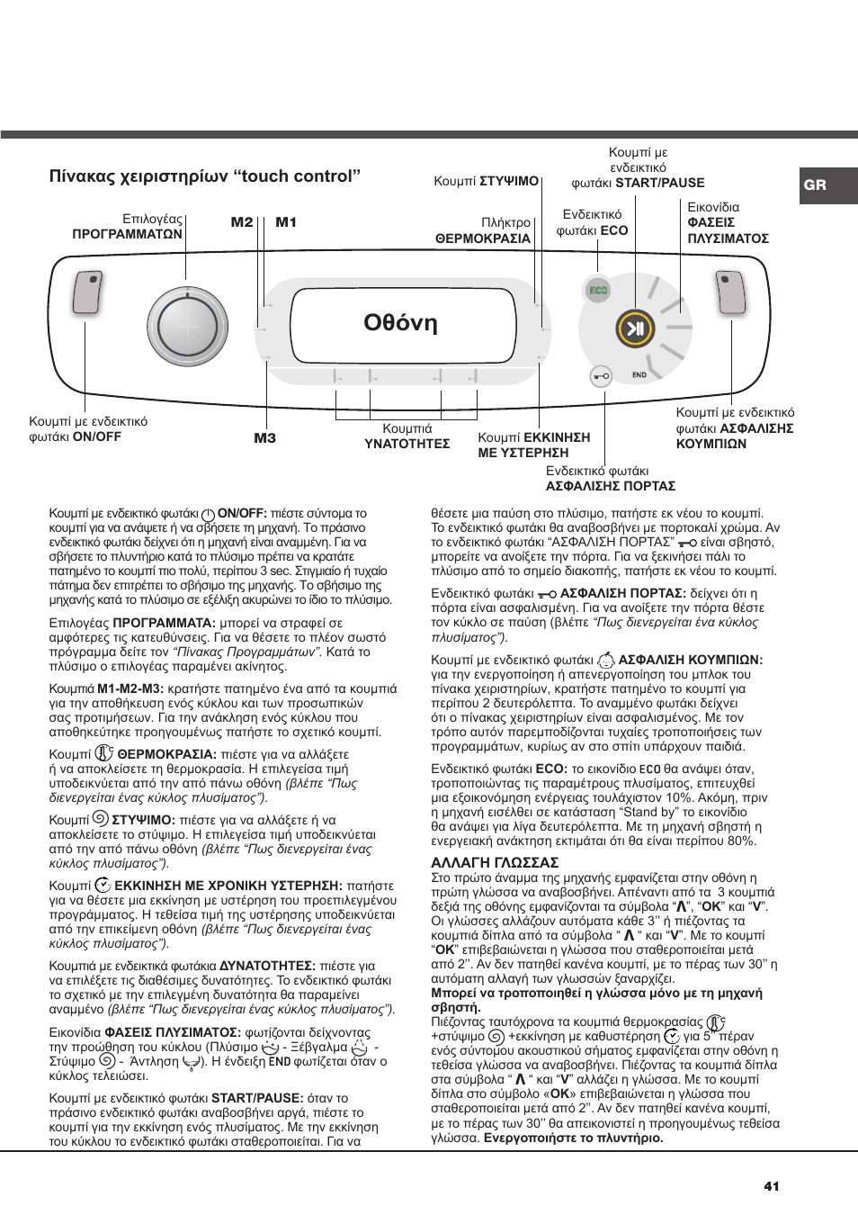 Οθόνη, Πίνακας χειριστηρίων “touch control | Hotpoint Ariston AQ9D 492 X User Manual | Page 41 / 60