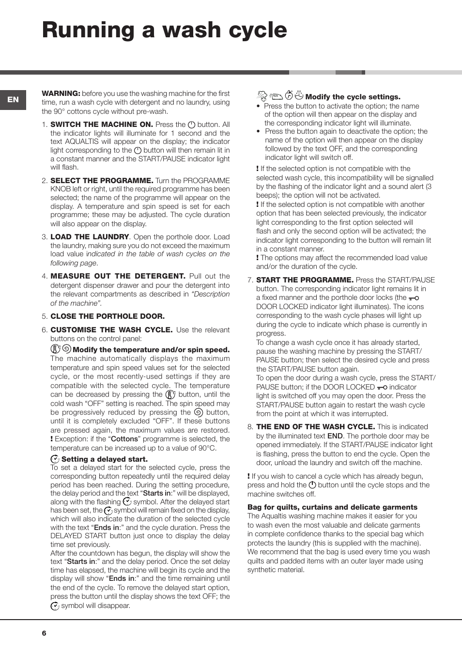 Running a wash cycle | Hotpoint Ariston AQ9D 492 X User Manual | Page 6 / 60