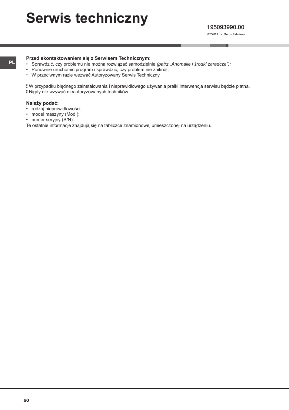 Serwis techniczny | Hotpoint Ariston AQ9D 492 X User Manual | Page 60 / 60