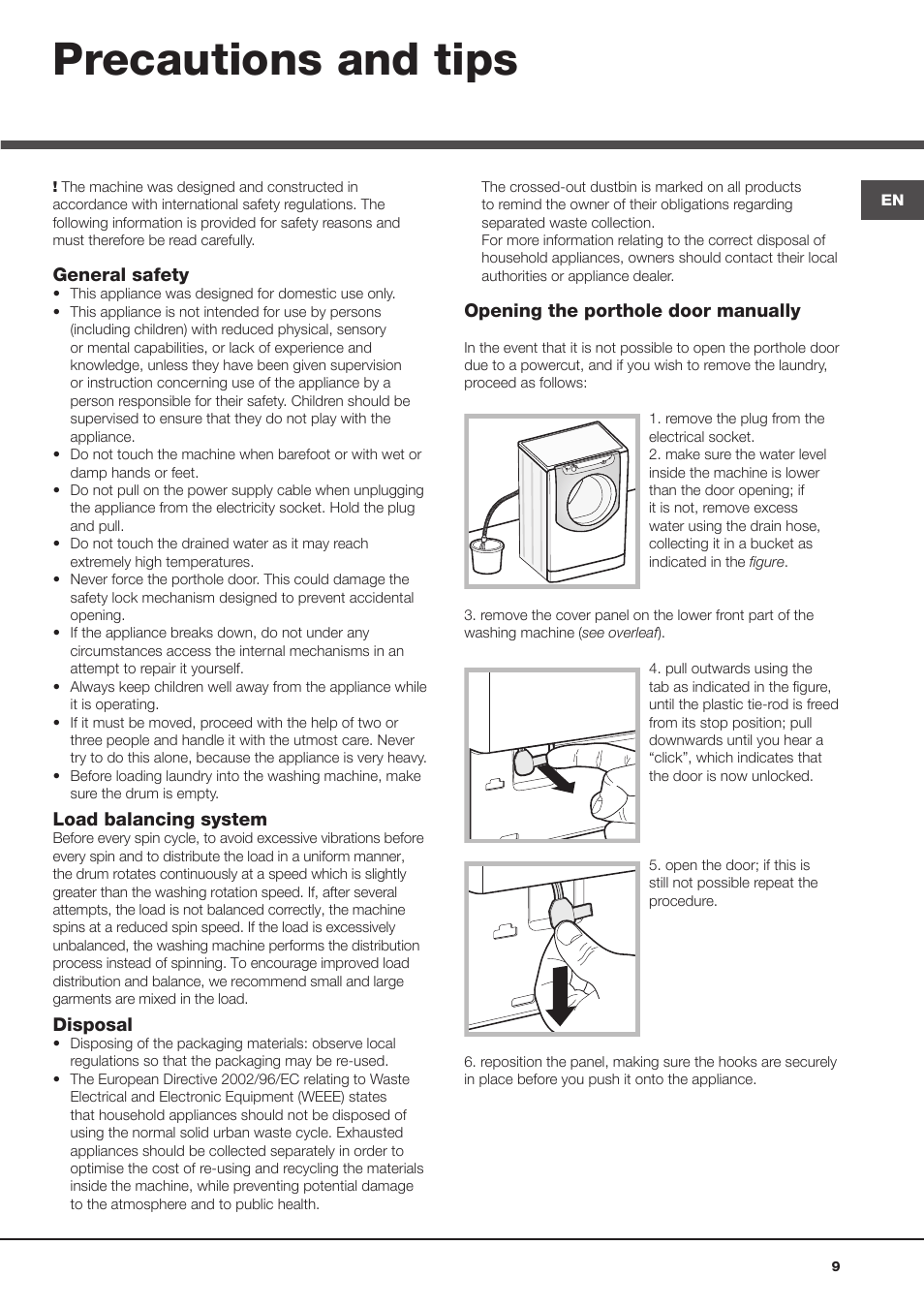 Precautions and tips | Hotpoint Ariston AQ9D 492 X User Manual | Page 9 / 60