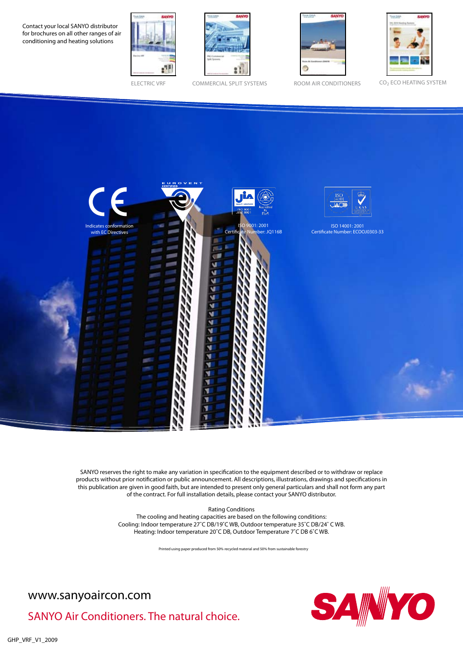 Sanyo air conditioners. the natural choice | Sanyo ECO G SGP-EZ190M2G2 User Manual | Page 9 / 9