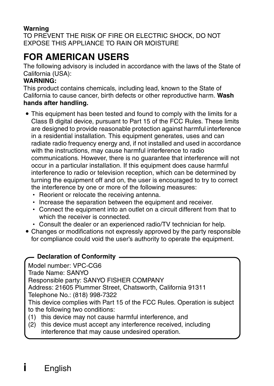 For american users, English | Sanyo VPC-CG6EX User Manual | Page 2 / 202