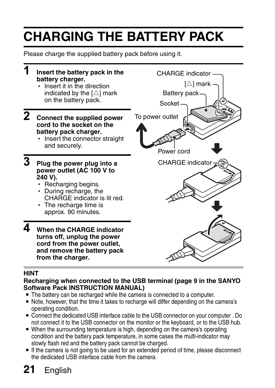 Charging the battery pack, English | Sanyo VPC-CG6EX User Manual | Page 35 / 202