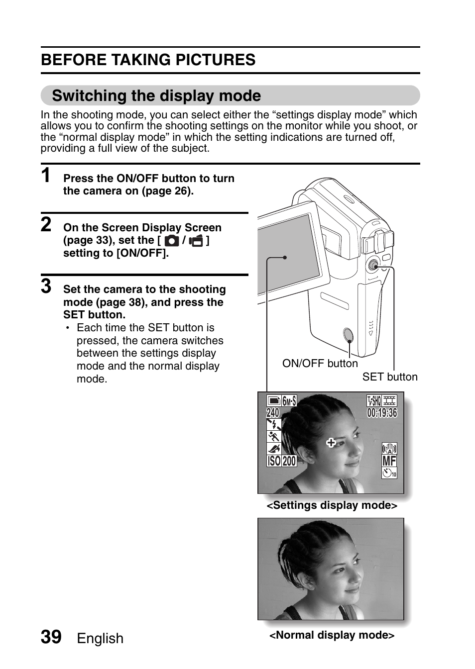 Before taking pictures switching the display mode | Sanyo VPC-CG6EX User Manual | Page 53 / 202