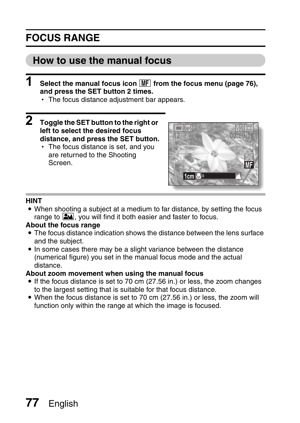 Focus range how to use the manual focus, English | Sanyo VPC-CG6EX User Manual | Page 91 / 202