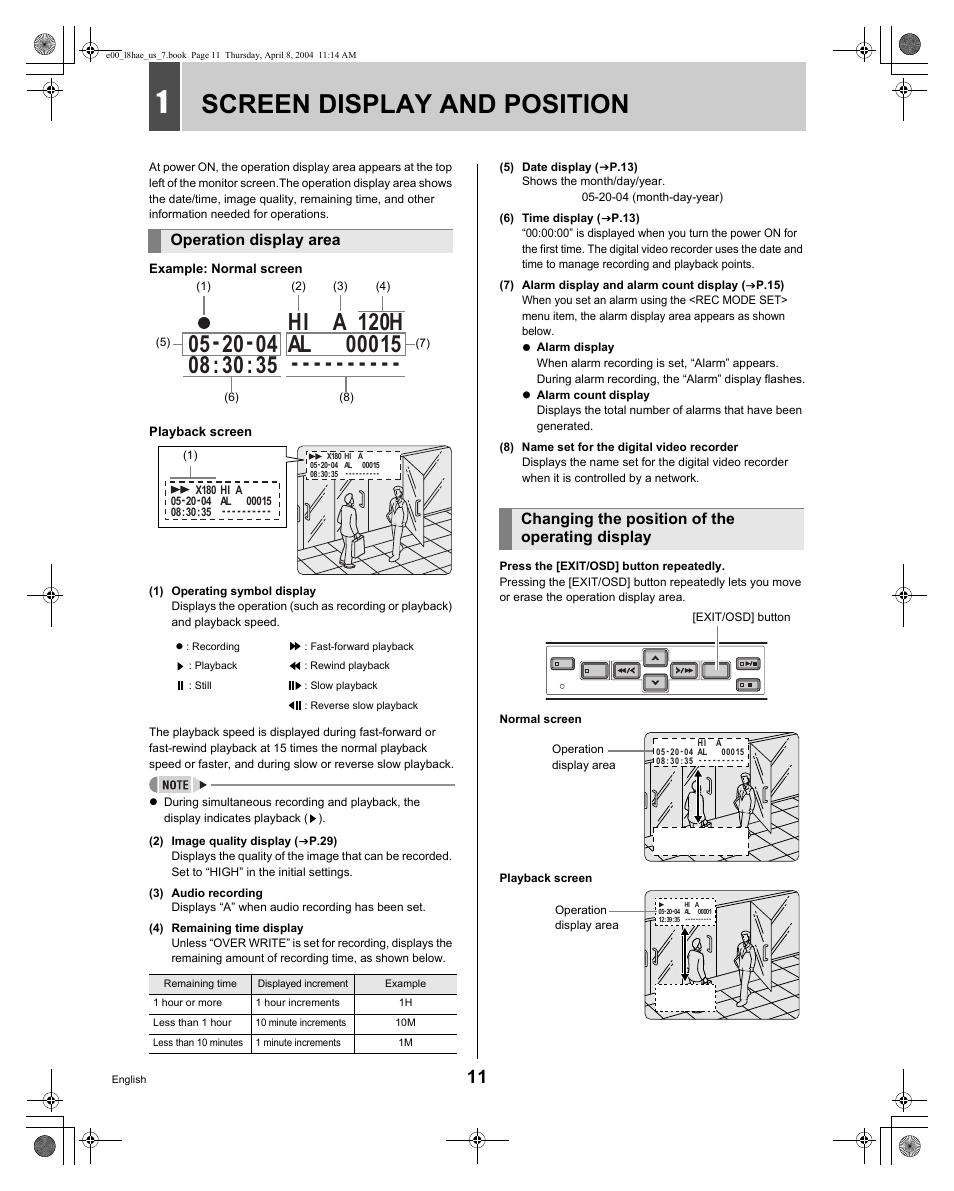 Screen display and position, Operation display area, Changing the position of the operating display | Sanyo DSR-M810 User Manual | Page 12 / 55