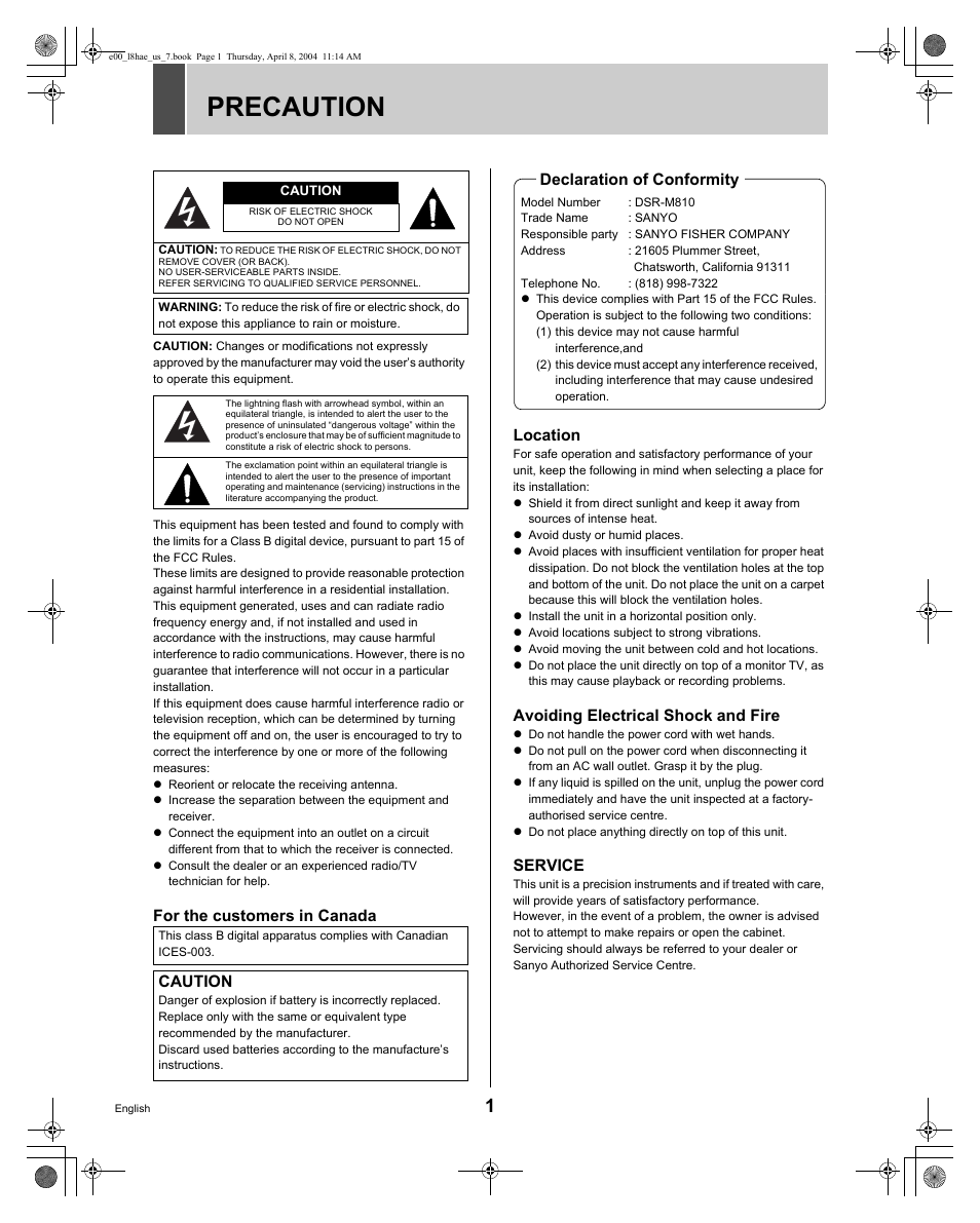 Precaution, For the customers in canada location, Avoiding electrical shock and fire | Service, Caution, Declaration of conformity | Sanyo DSR-M810 User Manual | Page 2 / 55