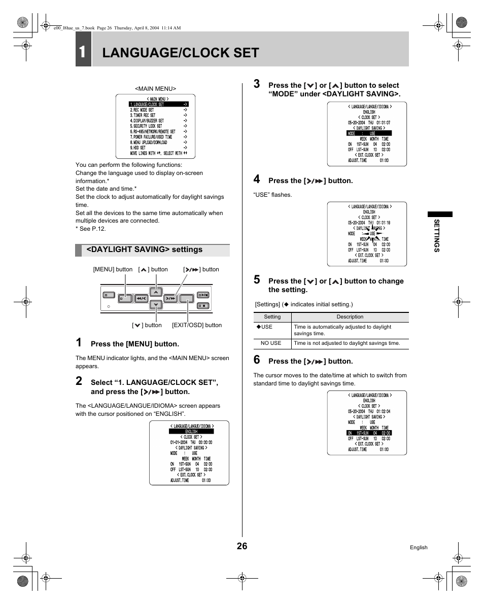 Language/clock set | Sanyo DSR-M810 User Manual | Page 27 / 55