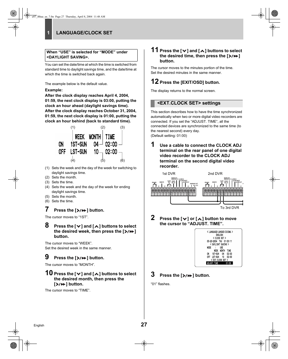 1language/clock set, Ext.clock set> settings | Sanyo DSR-M810 User Manual | Page 28 / 55