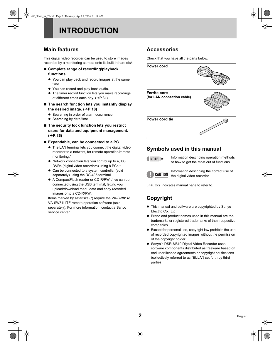 Introduction, Main features, Accessories | Symbols used in this manual, Copyright | Sanyo DSR-M810 User Manual | Page 3 / 55