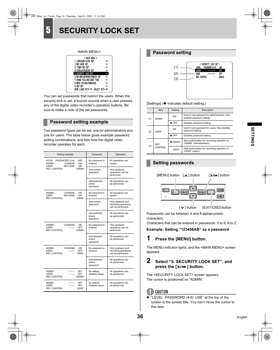 Security lock set, Password setting example, Password setting | Setting passwords, Press the [menu] button, Se ttin gs | Sanyo DSR-M810 User Manual | Page 37 / 55