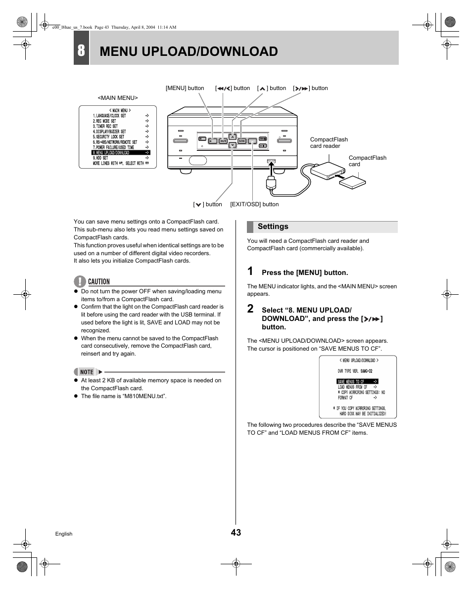 Menu upload/download | Sanyo DSR-M810 User Manual | Page 44 / 55