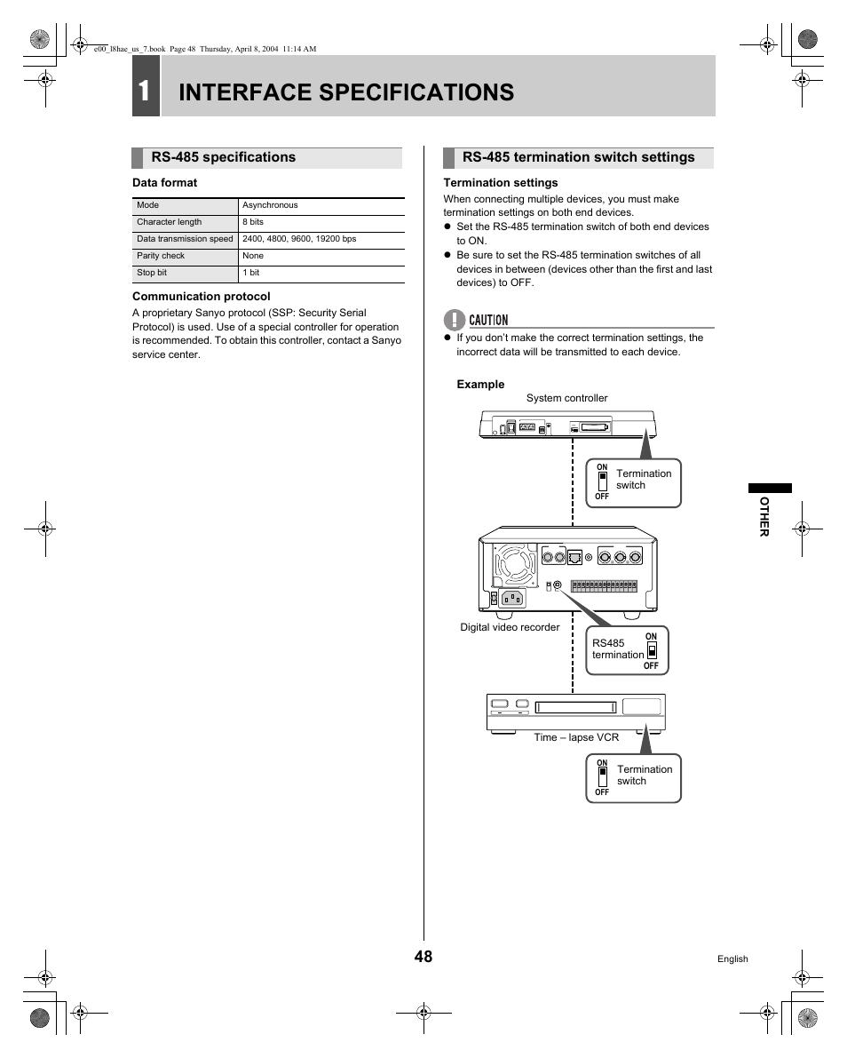 Interface specifications, Rs-485 specifications, Rs-485 termination switch settings | Sanyo DSR-M810 User Manual | Page 49 / 55