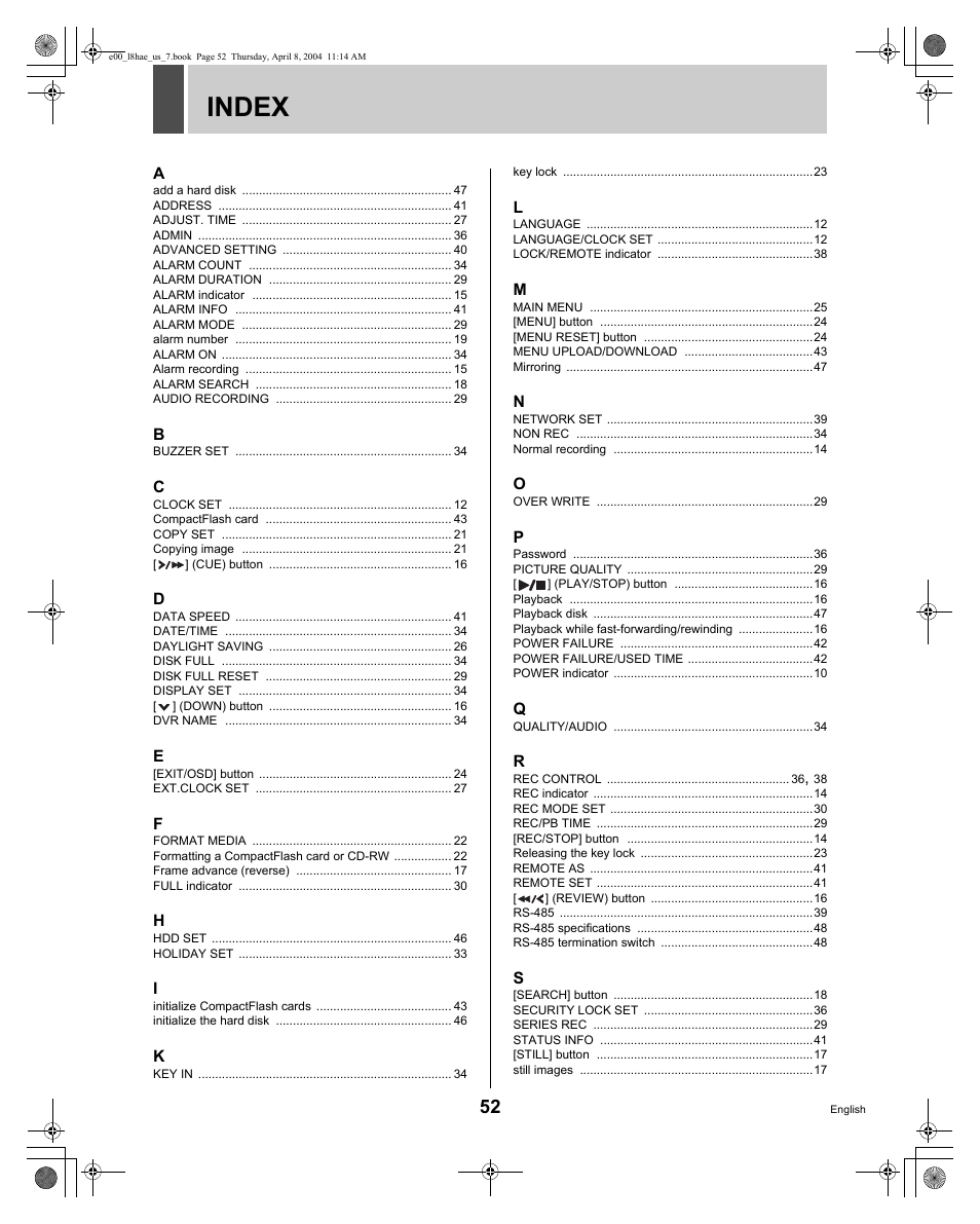 Index | Sanyo DSR-M810 User Manual | Page 53 / 55