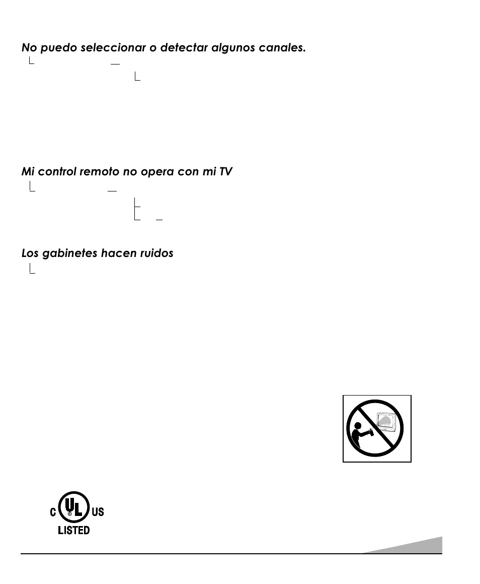 Cuidados y limpieza, Mi control remoto no opera con mi tv, Los gabinetes hacen ruidos | No puedo seleccionar o detectar algunos canales | Sanyo DS13320 User Manual | Page 49 / 52