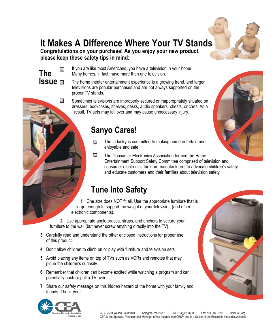 Child safety, It makes a difference where your tv stands, The issue | Sanyo cares, Tune into safety | Sanyo DS13320 User Manual | Page 52 / 52