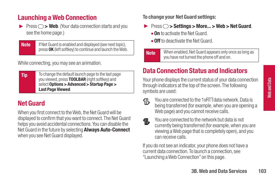 Launching a web connection, Net guard, Data connection status and indicators | Sanyo SCP-2700 User Manual | Page 115 / 139