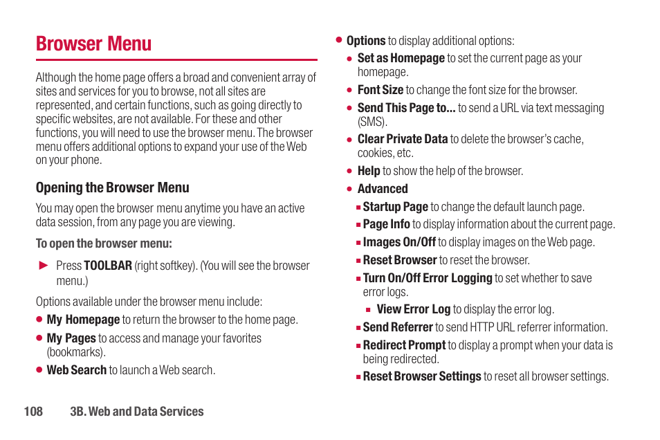 Browser menu, Opening the browser menu | Sanyo SCP-2700 User Manual | Page 120 / 139