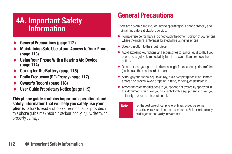 4a. important safety information, General precautions | Sanyo SCP-2700 User Manual | Page 124 / 139