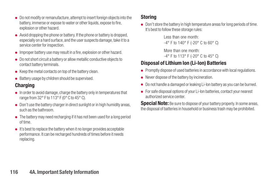 116 4a. important safety information, Charging, Storing | Disposal of lithium ion (li-ion) batteries | Sanyo SCP-2700 User Manual | Page 128 / 139