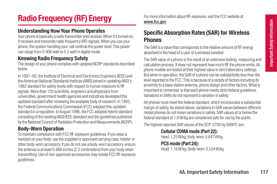 Radio frequency (rf) energy | Sanyo SCP-2700 User Manual | Page 129 / 139