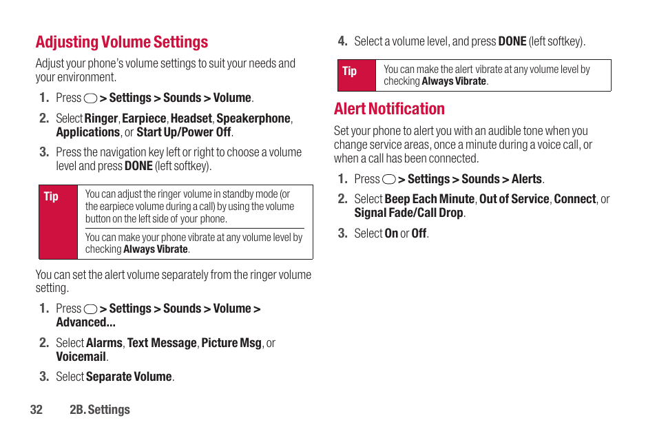 Adjusting volume settings, Alert notification | Sanyo SCP-2700 User Manual | Page 44 / 139