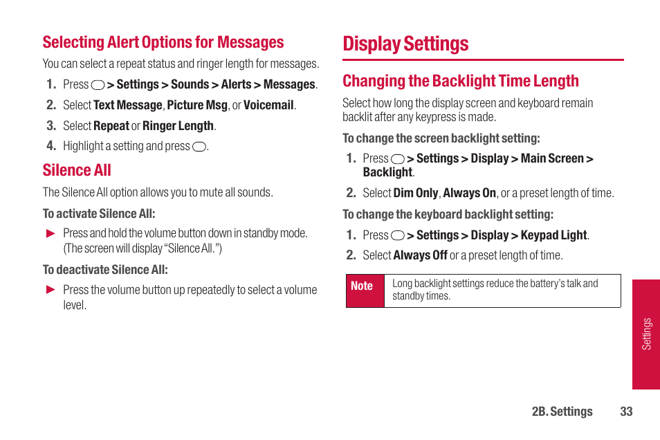 Display settings, Selecting alert options for messages, Silence all | Changing the backlight time length | Sanyo SCP-2700 User Manual | Page 45 / 139