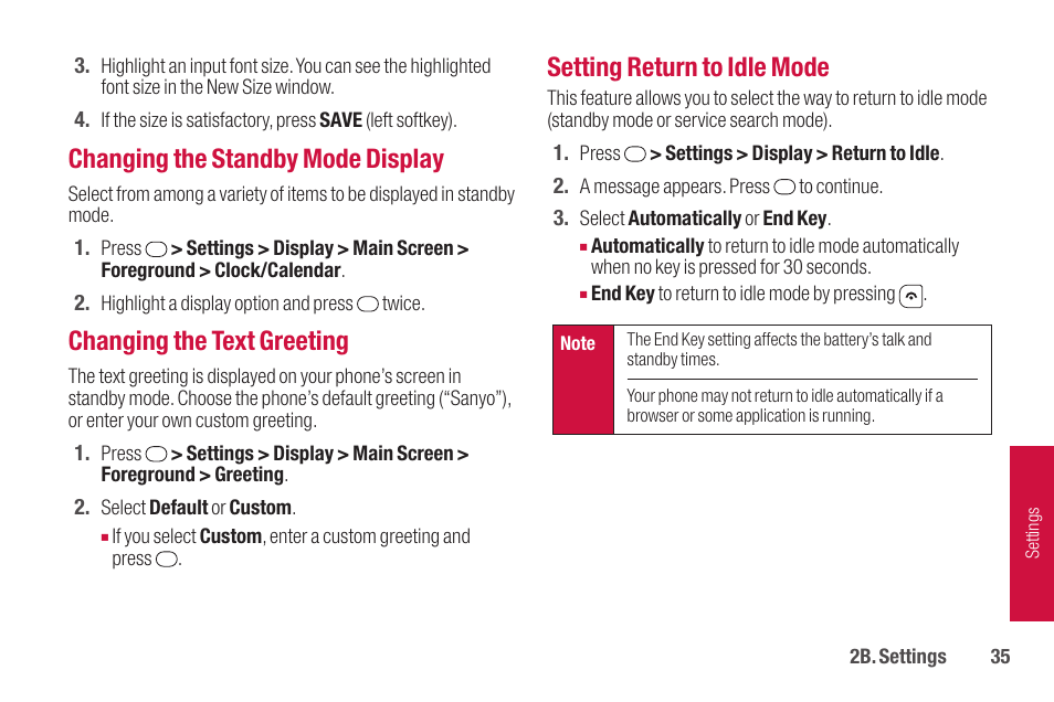 Changing the standby mode display, Changing the text greeting, Setting return to idle mode | Sanyo SCP-2700 User Manual | Page 47 / 139