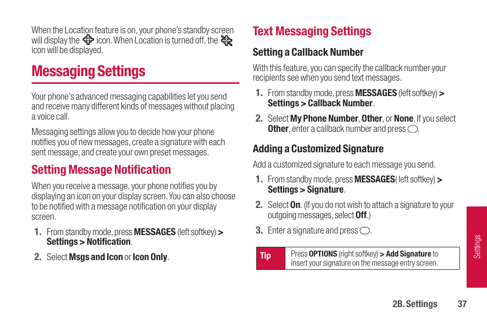 Messaging settings, Setting message notification, Text messaging settings | Sanyo SCP-2700 User Manual | Page 49 / 139