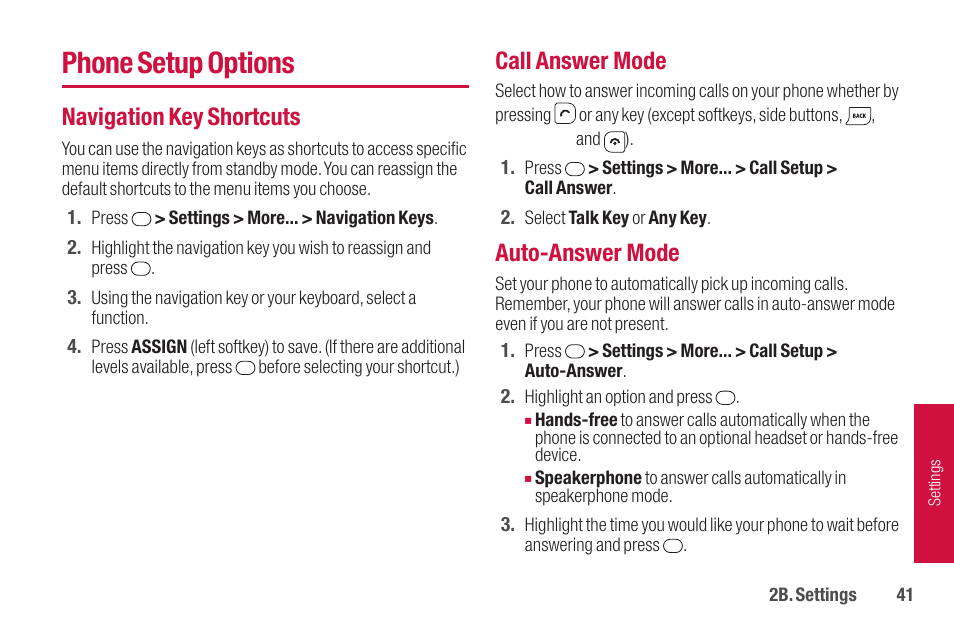 Phone setup options, Navigation key shortcuts, Call answer mode | Auto-answer mode | Sanyo SCP-2700 User Manual | Page 53 / 139