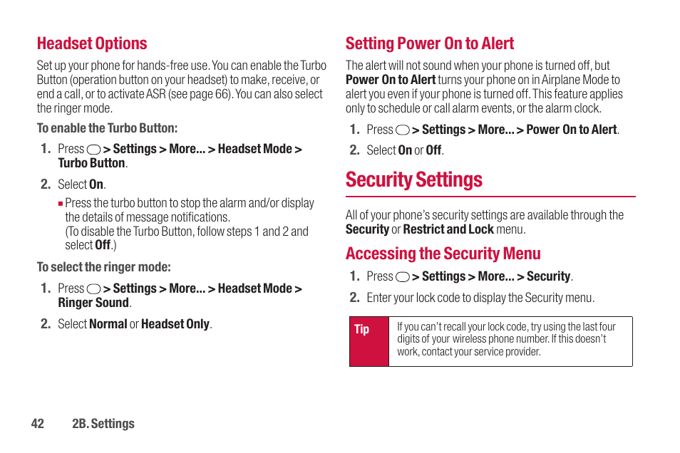 Security settings, Headset options, Setting power on to alert | Accessing the security menu | Sanyo SCP-2700 User Manual | Page 54 / 139