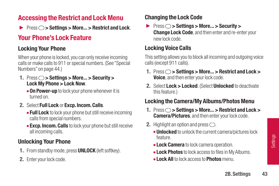 Accessing the restrict and lock menu, Your phone’s lock feature | Sanyo SCP-2700 User Manual | Page 55 / 139