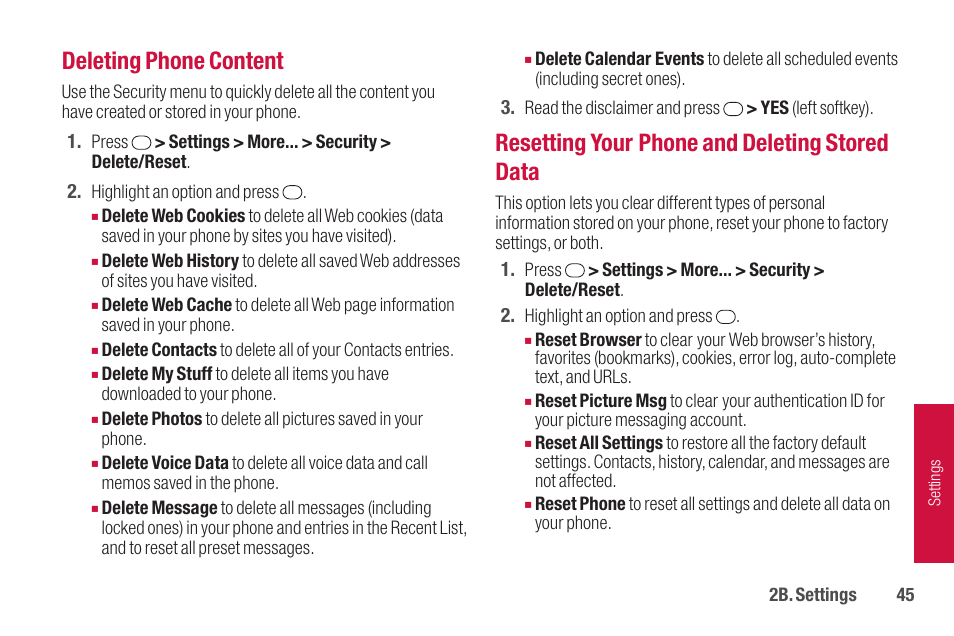 Deleting phone content, Resetting your phone and deleting stored data | Sanyo SCP-2700 User Manual | Page 57 / 139