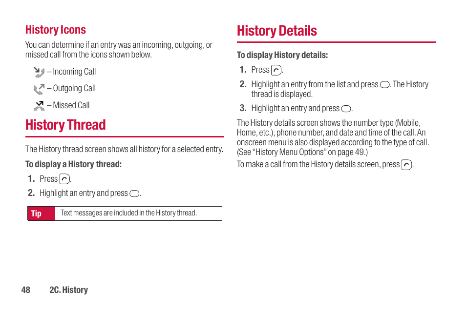 History thread, History details | Sanyo SCP-2700 User Manual | Page 60 / 139