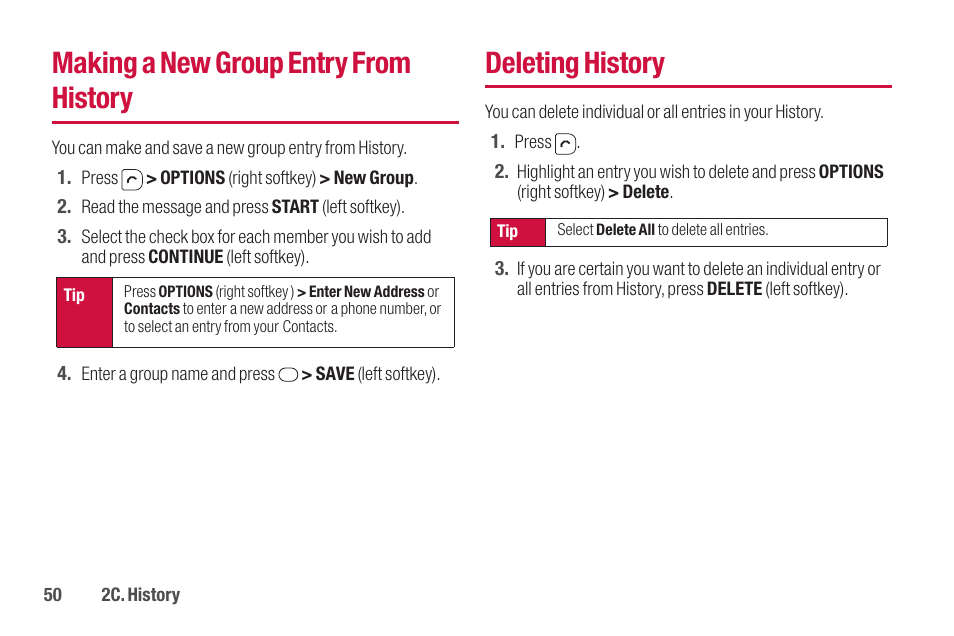 Making a new group entry from history, Deleting history | Sanyo SCP-2700 User Manual | Page 62 / 139