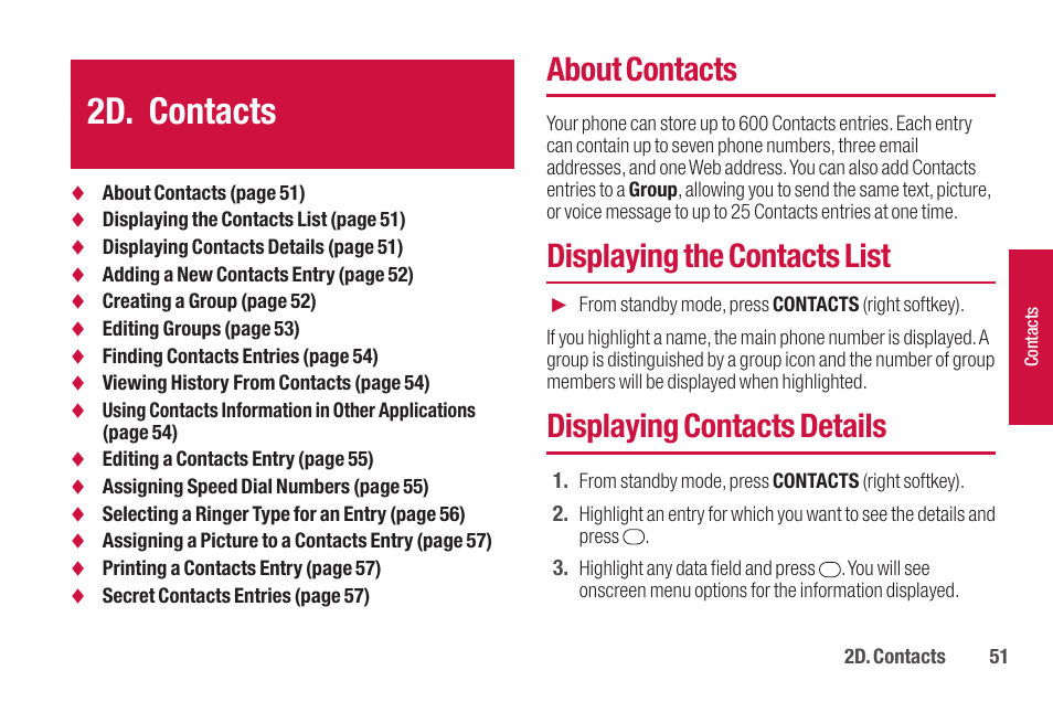 2d. contacts, About contacts, Displaying the contacts list | Displaying contacts details | Sanyo SCP-2700 User Manual | Page 63 / 139