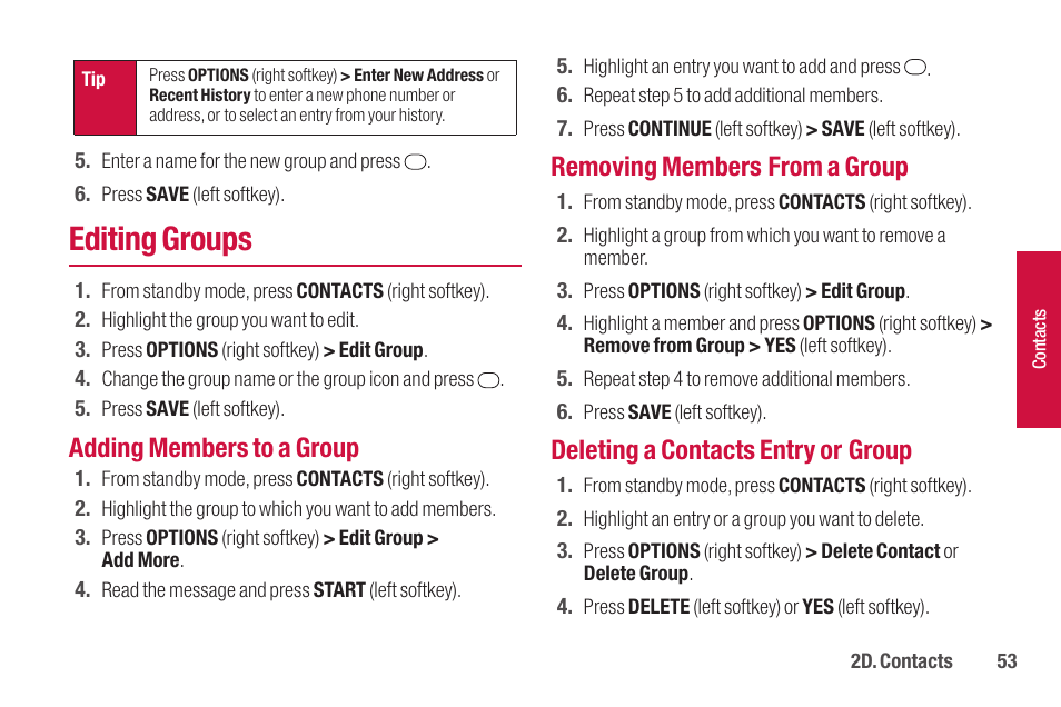 Editing groups, Adding members to a group, Removing members from a group | Deleting a contacts entry or group | Sanyo SCP-2700 User Manual | Page 65 / 139