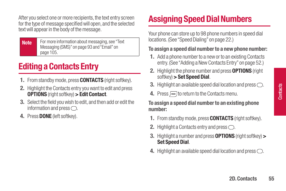 Editing a contacts entry, Assigning speed dial numbers | Sanyo SCP-2700 User Manual | Page 67 / 139