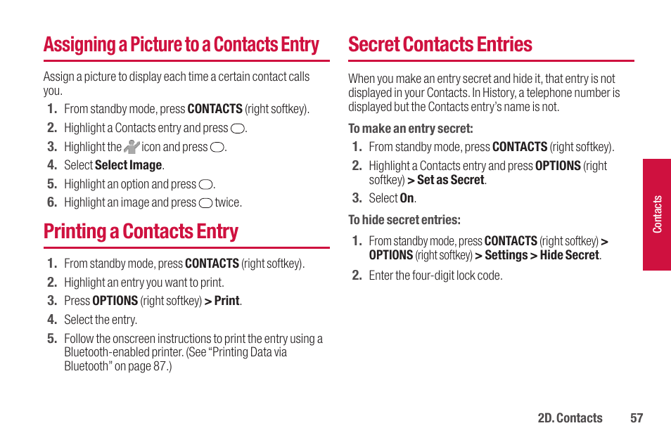 Assigning a picture to a contacts entry, Printing a contacts entry, Secret contacts entries | Sanyo SCP-2700 User Manual | Page 69 / 139