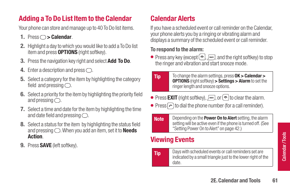 Adding a to do list item to the calendar, Calendar alerts, Viewing events | Sanyo SCP-2700 User Manual | Page 73 / 139