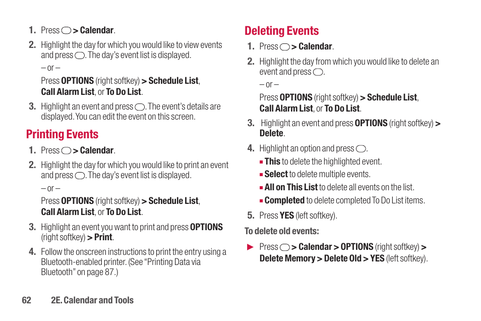 Printing events, Deleting events | Sanyo SCP-2700 User Manual | Page 74 / 139