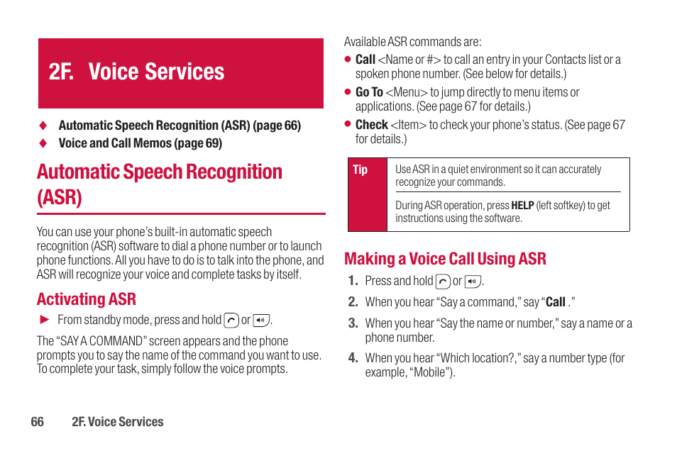 2f. voice services, Automatic speech recognition (asr), Activating asr | Making a voice call using asr | Sanyo SCP-2700 User Manual | Page 78 / 139